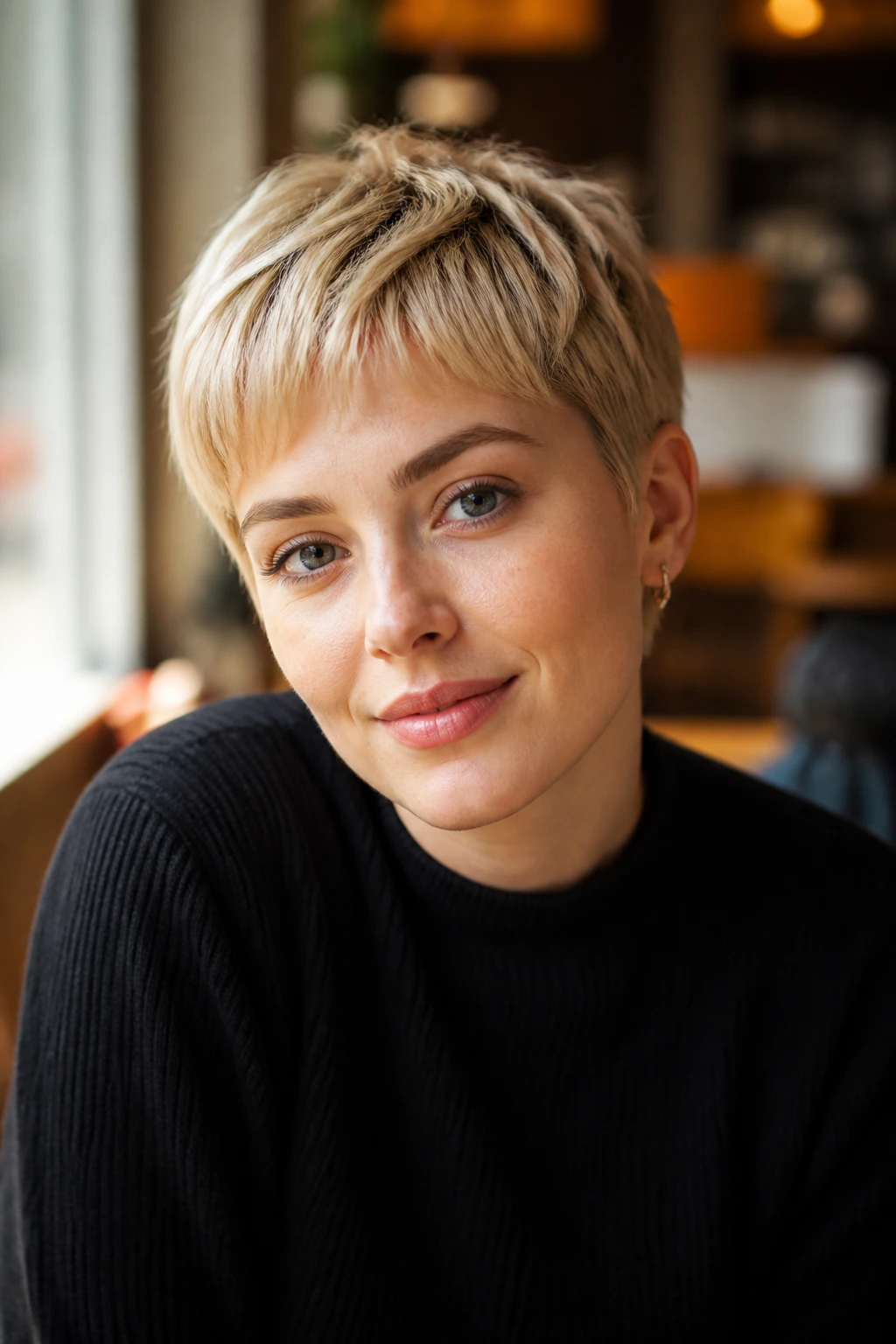 Close-up portrait of a real woman with a French Crop Pixie and warm blonde fringe.