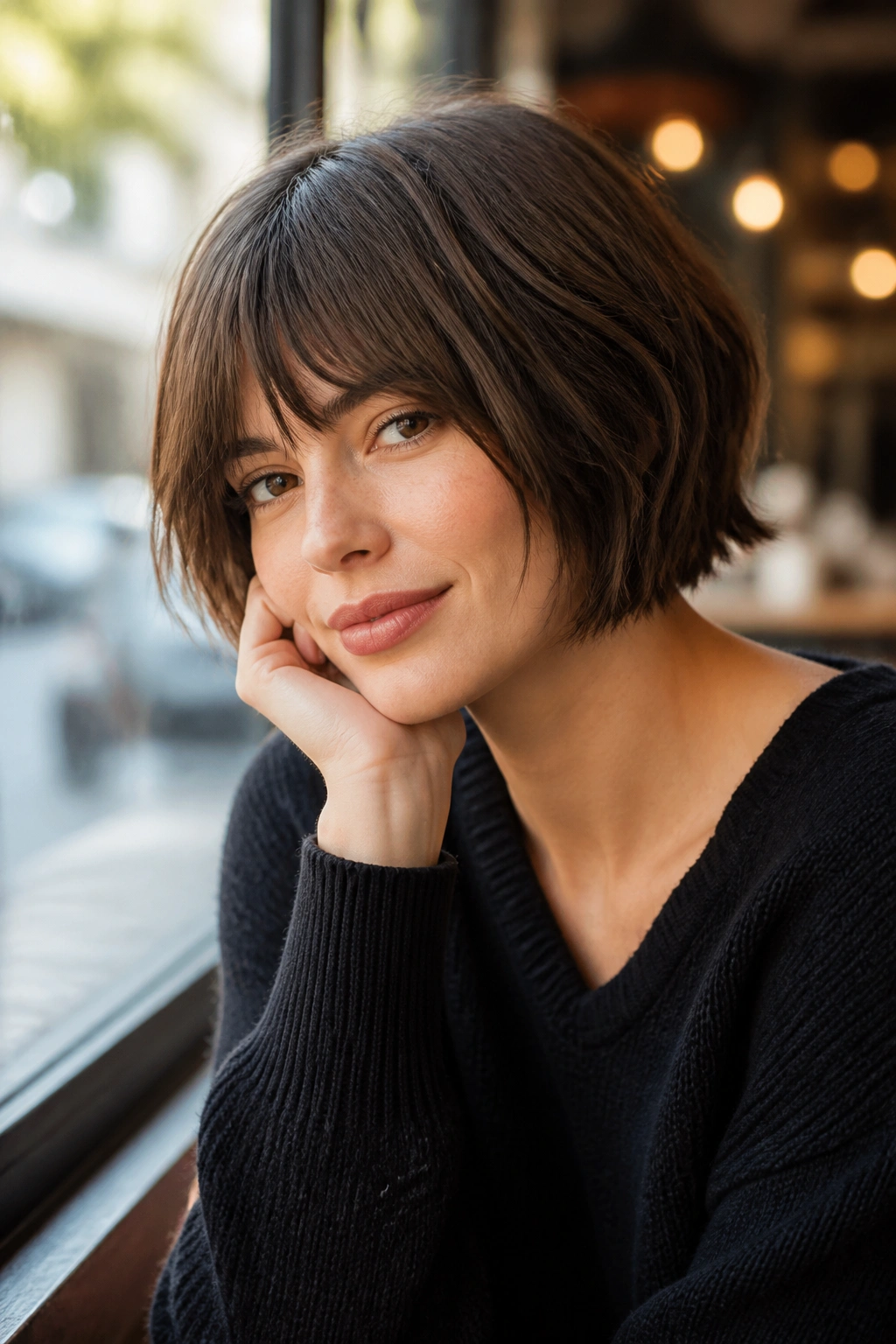 Close-up of a real woman with a French bob and piecey ends in sunlit cafe light