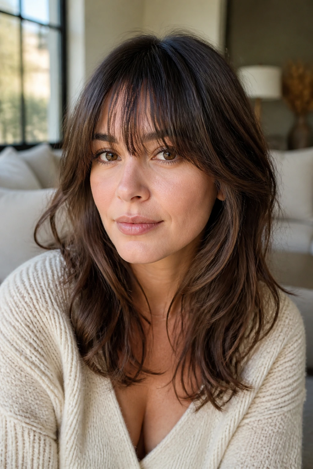 Close-up of a real person with light, piecey fringe and airy layers.