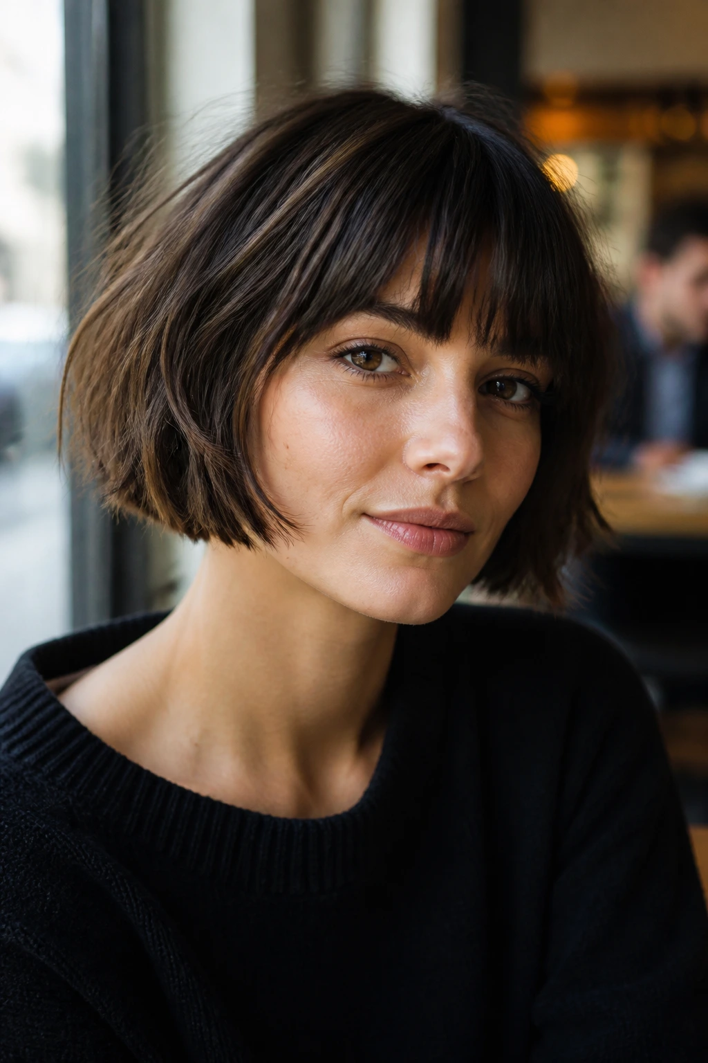 Close-up of a real woman with a jaw-length French bob and fringe in cafe light