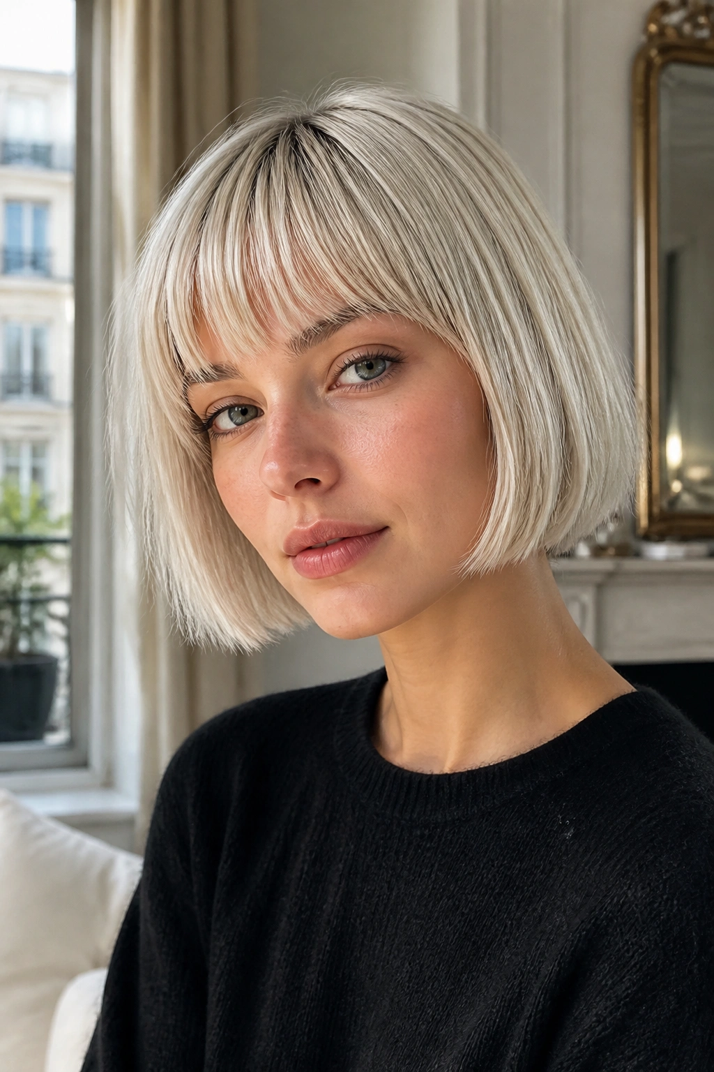 Real woman wearing a French bob with soft fringe in natural light