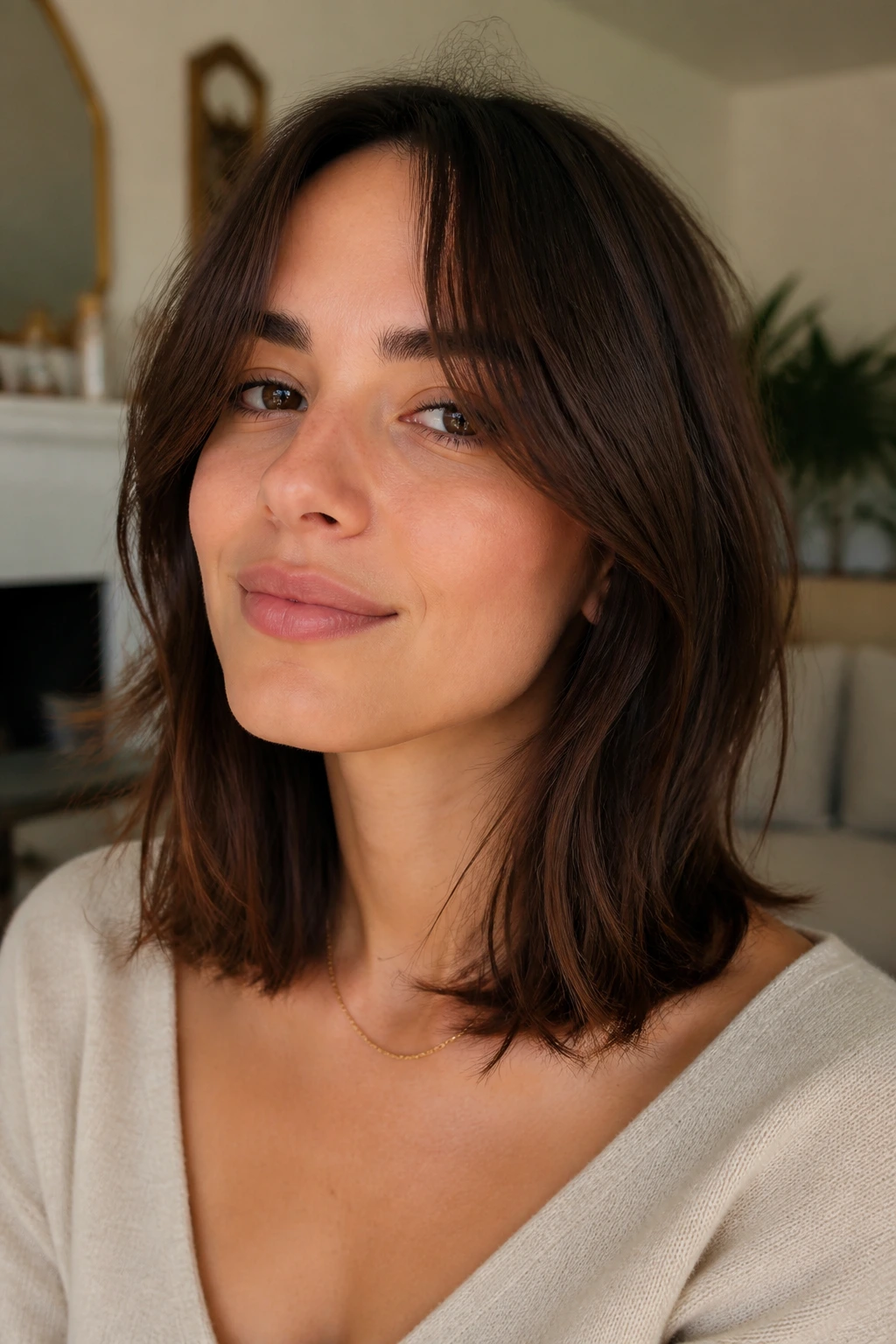 Portrait of a real woman with grown-out fringe and collarbone-length hair in a cozy room.