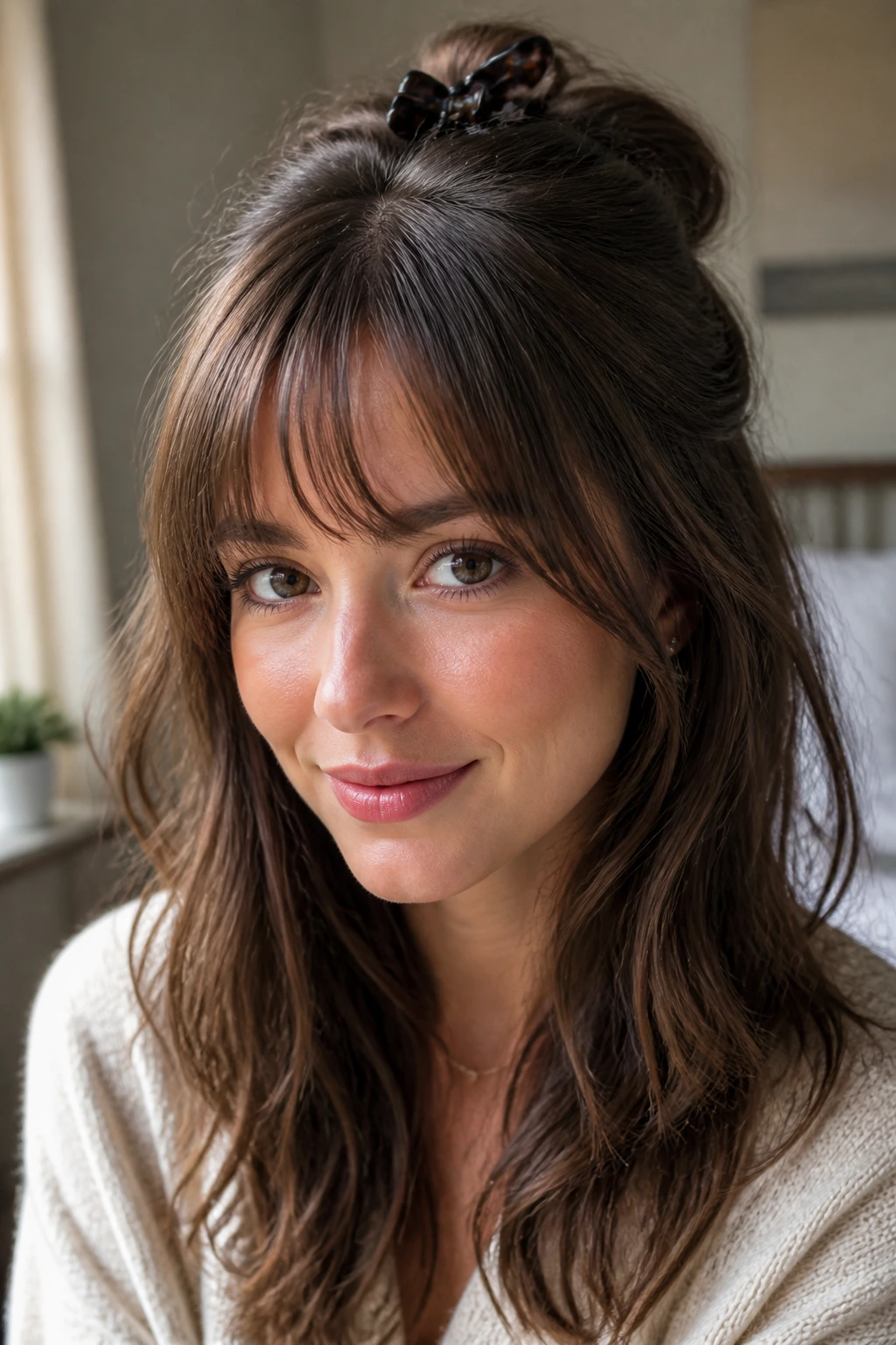 Close-up of a real woman with a soft French fringe and crown clip lifting volume