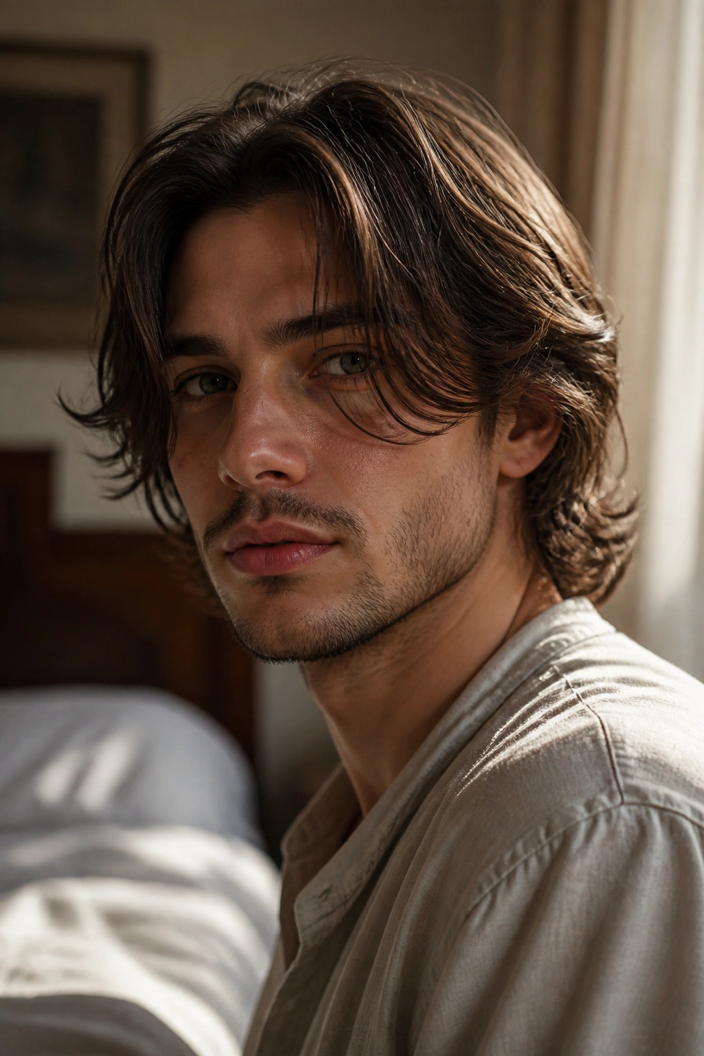 Close-up of a man with long fringe framing the eyes in soft window light