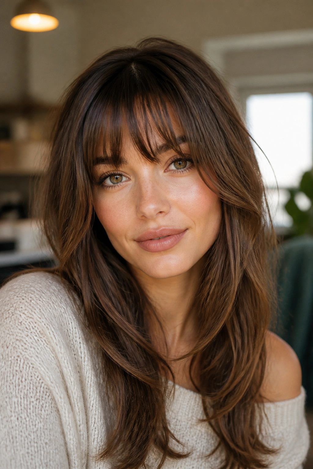 Woman with fringe plus face-framing layers close-up