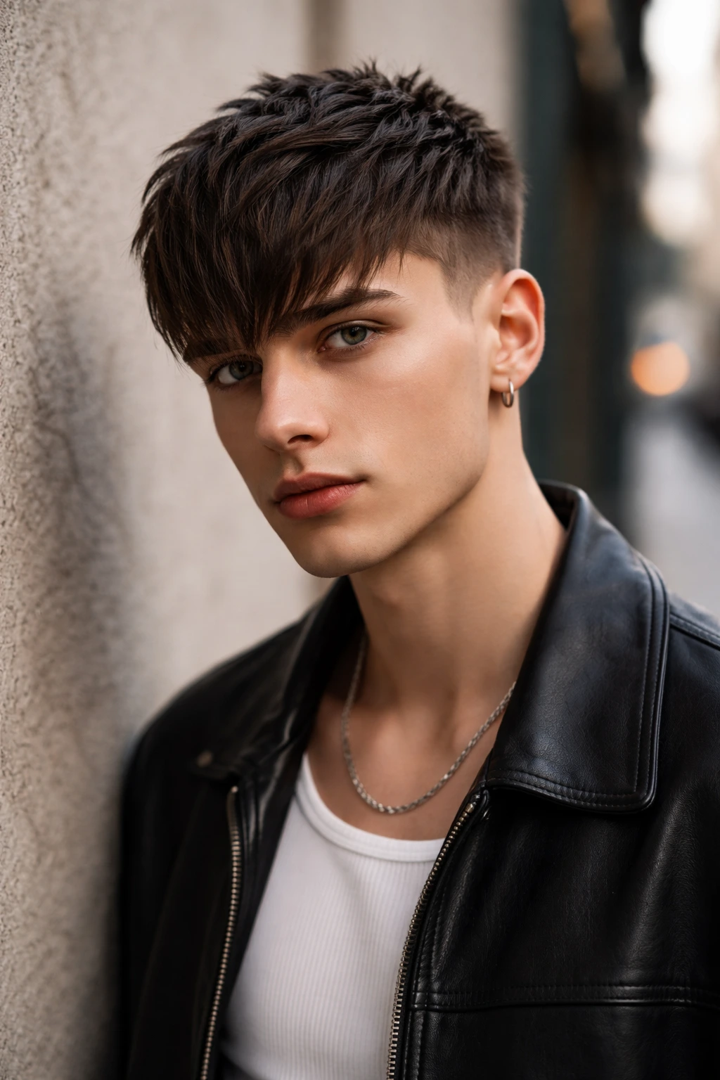 Close-up of a real person with fringe-forward crop hairstyle