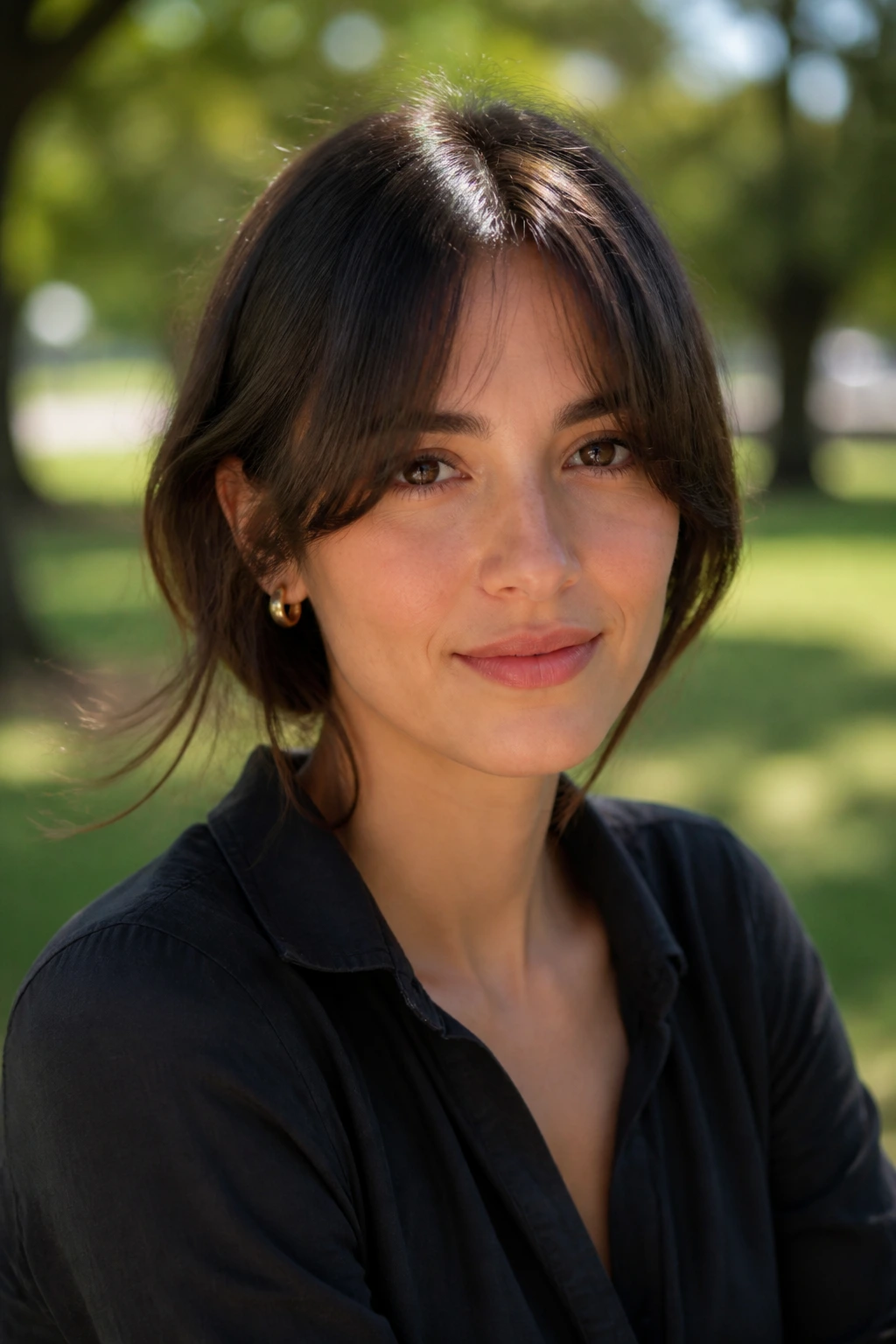 Close-up of a real woman with cheekbone-length grown-out fringe styled softly to the side