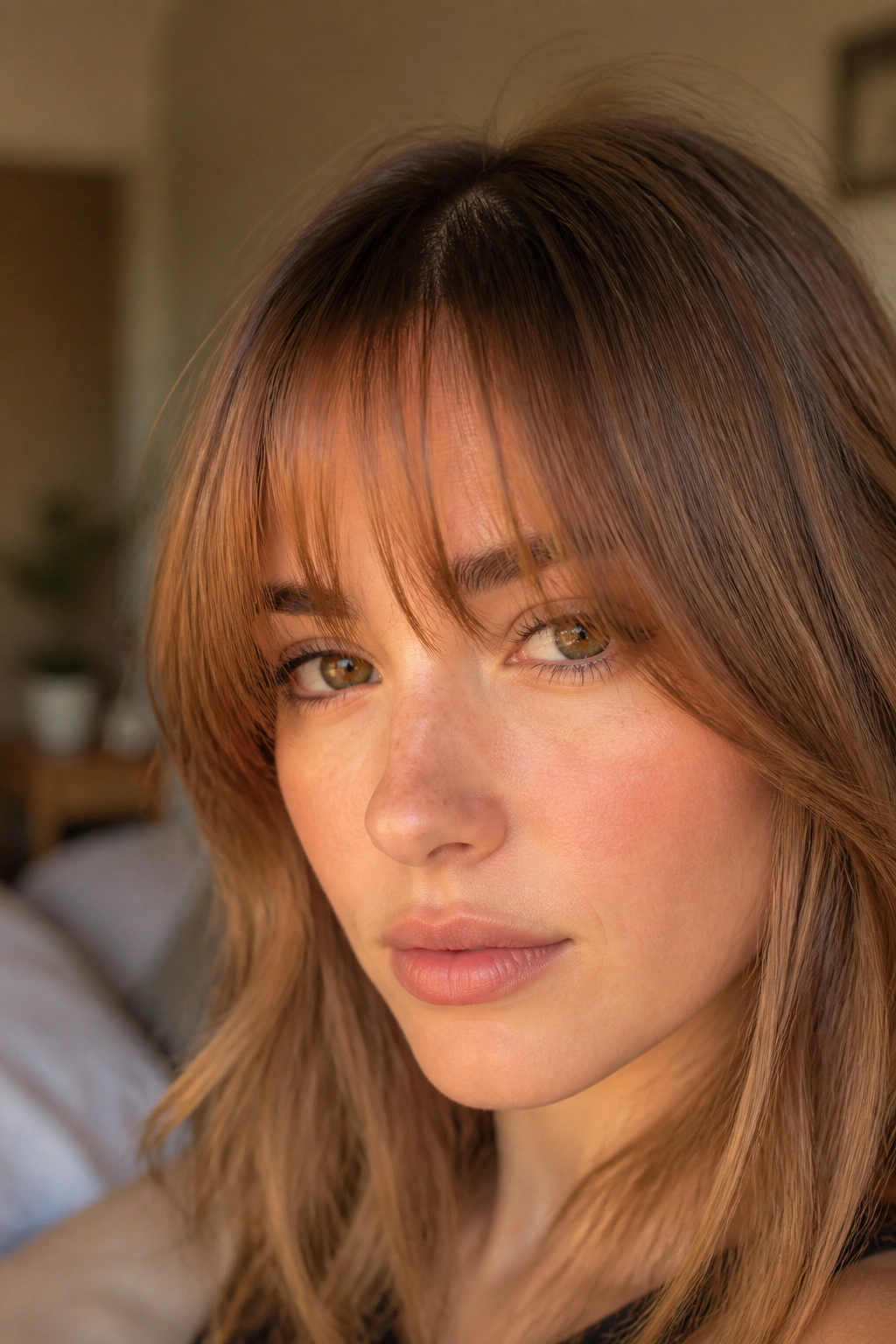 Close-up of a real woman with light auburn fringe highlights framing the forehead