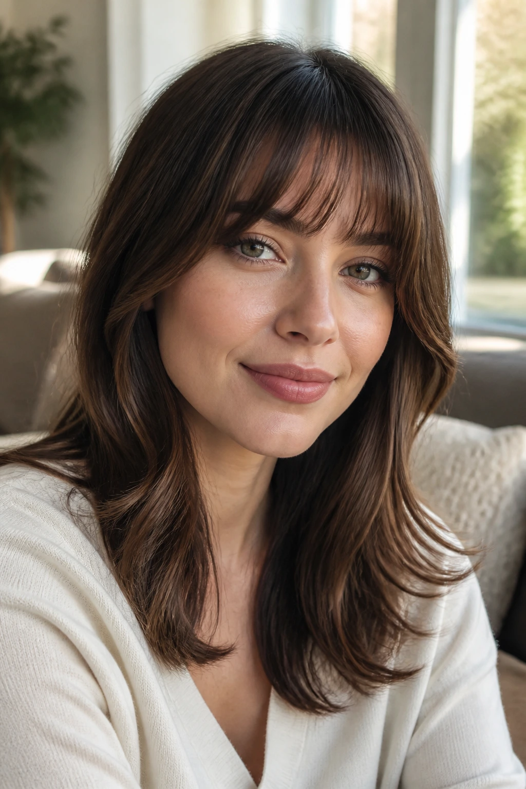 Close-up portrait of a real woman with rounded fringe and longer outer corners