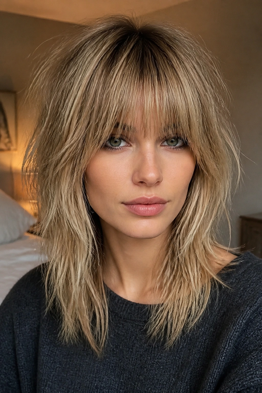 Portrait of a real woman with full fringe and thin ends Shag