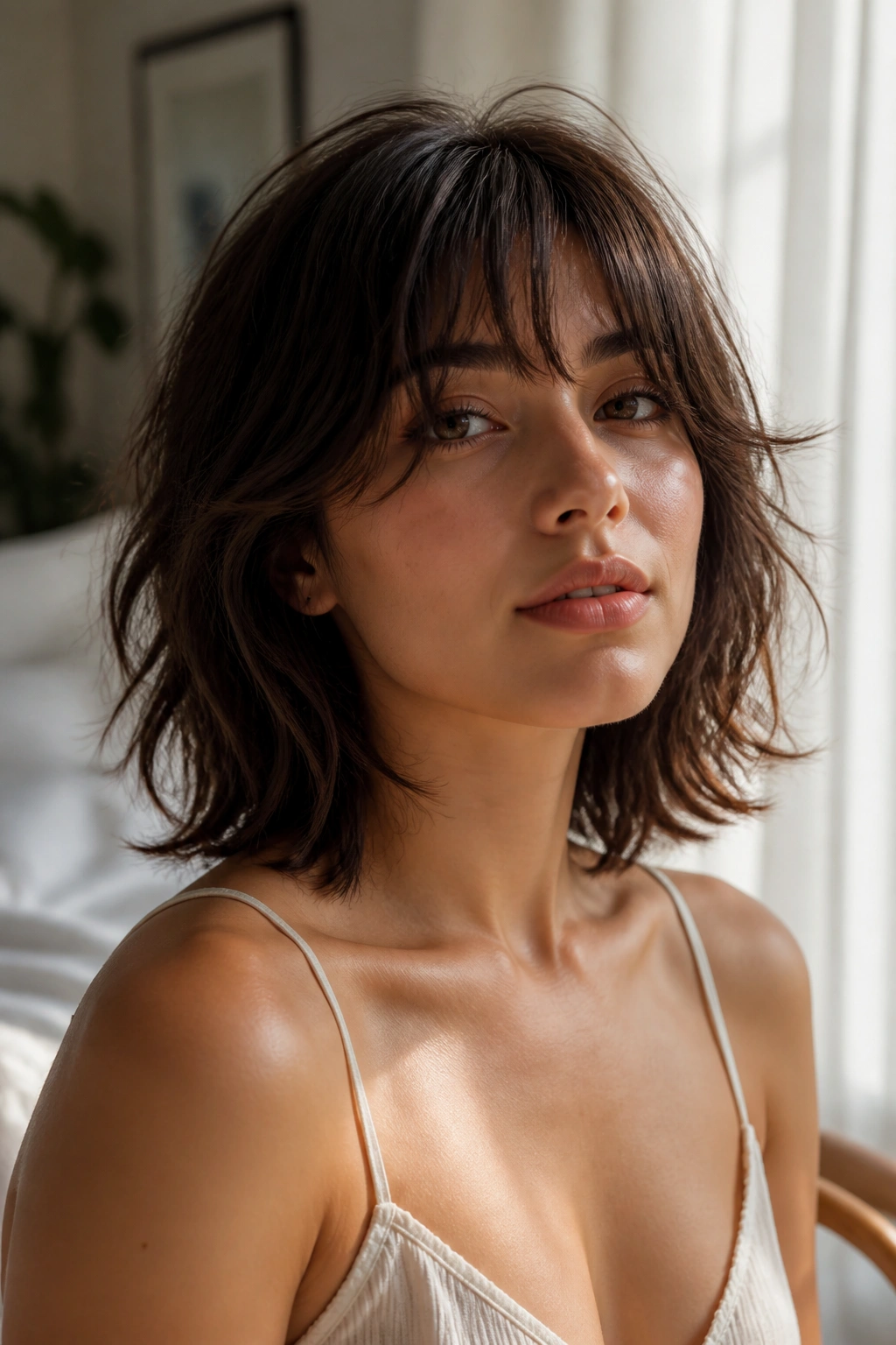 Close-up portrait of a woman with a French-Girl Shag in a sunlit bedroom