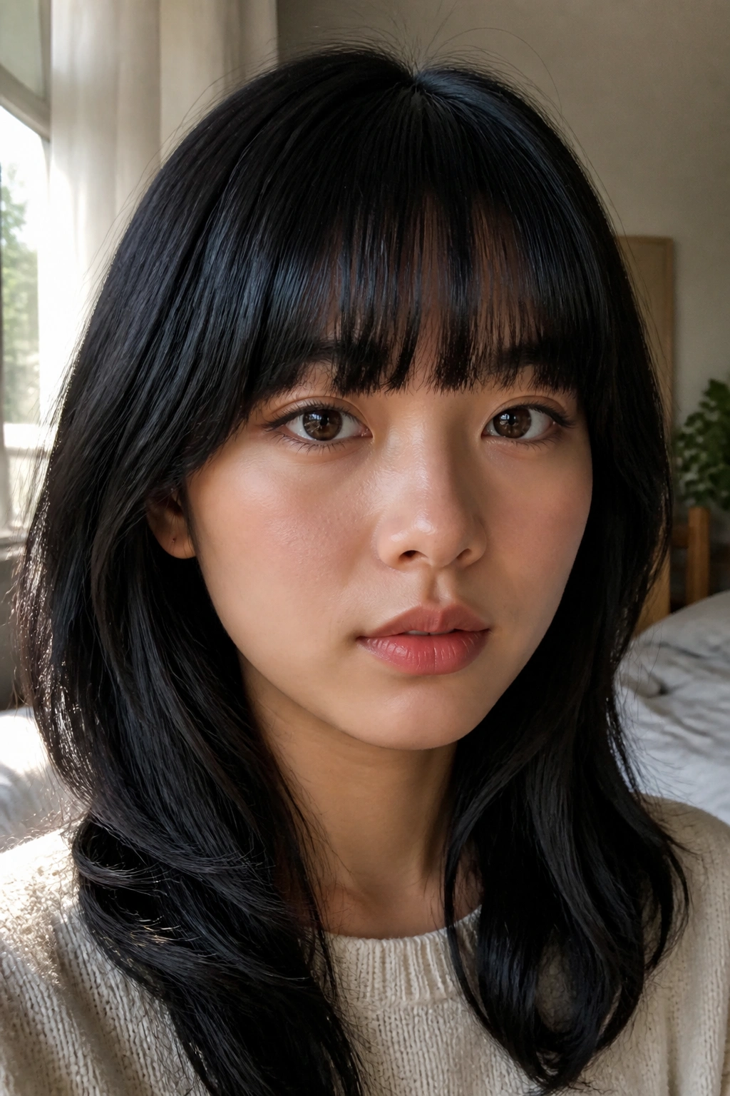 Close-up of a real person with a full fringe that has soft corners on black straight hair, centered above the brows