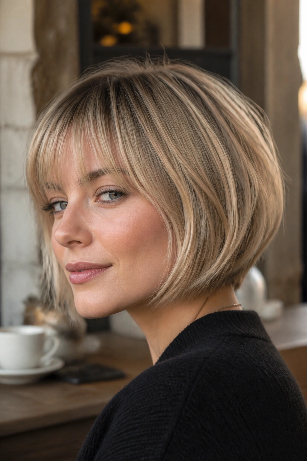 Close-up of a real woman with a chin-length stacked bob and a soft fringe grazing the brows.
