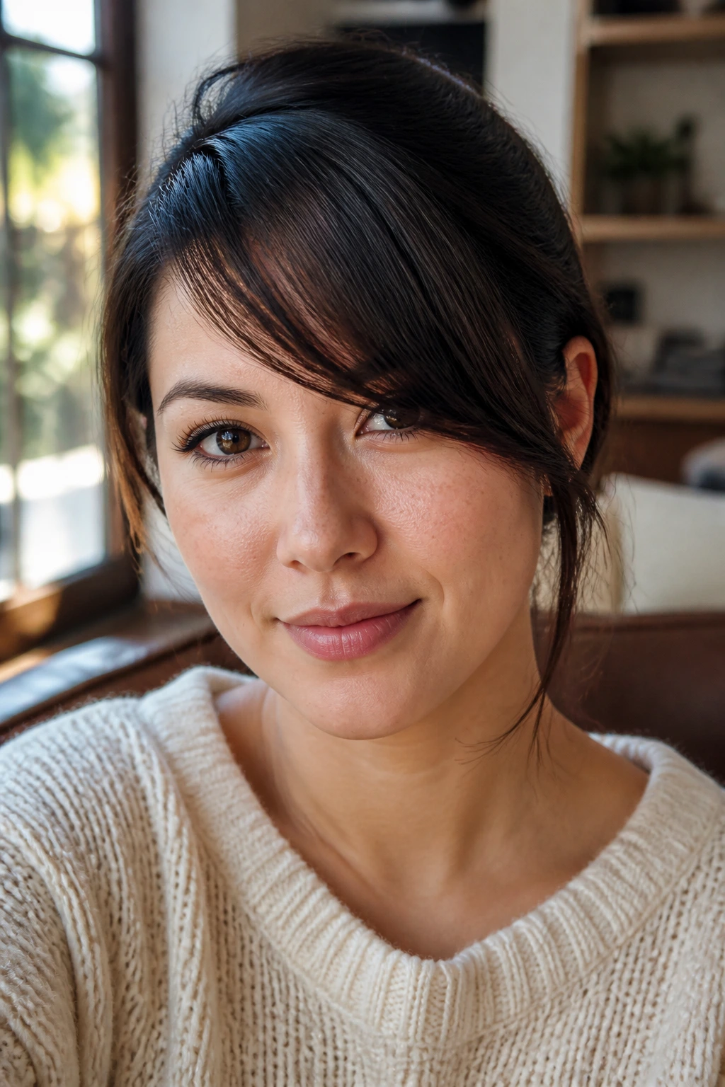 Close-up of a real woman with a swooped soft uneven fringe