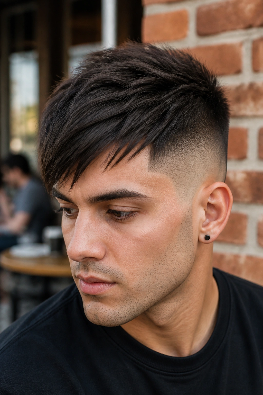 Portrait of a person with an angular fringe undercut outdoors.