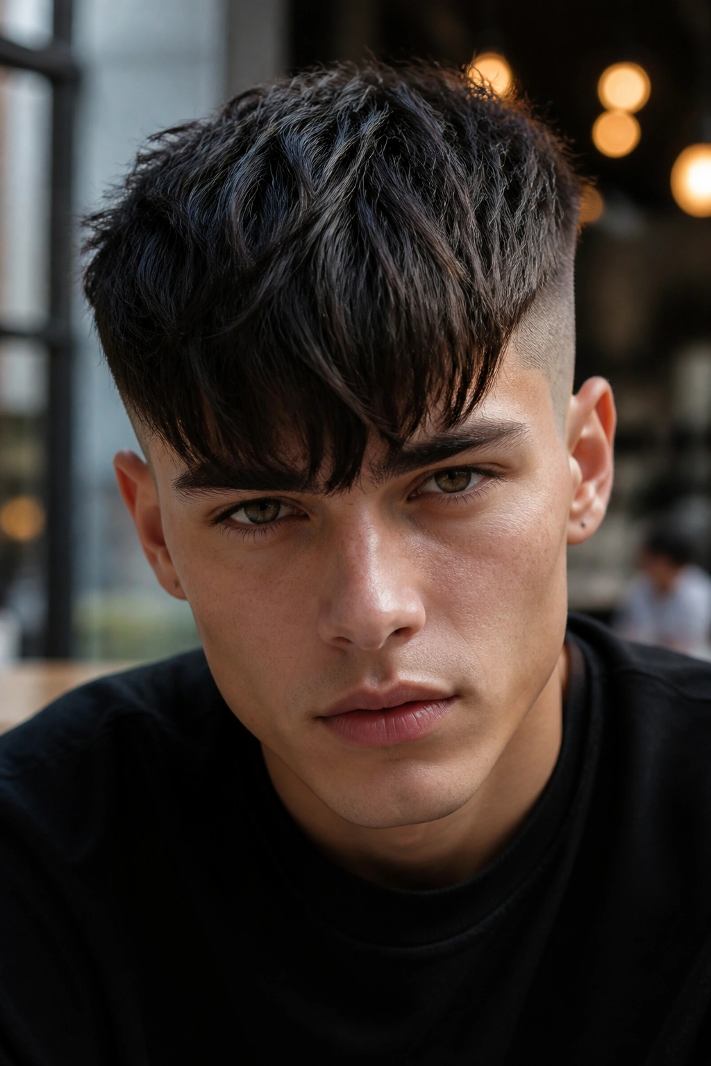 Close-up portrait of a person with a heavy fringe undercut and frontal fringe.