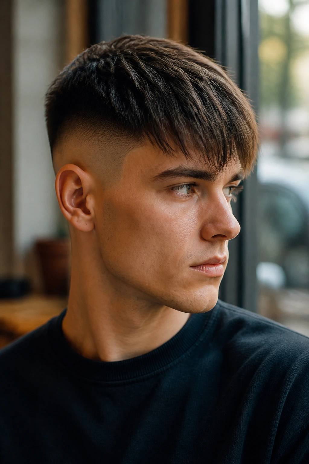 Close-up portrait of a real person with fringe undercut framing the face