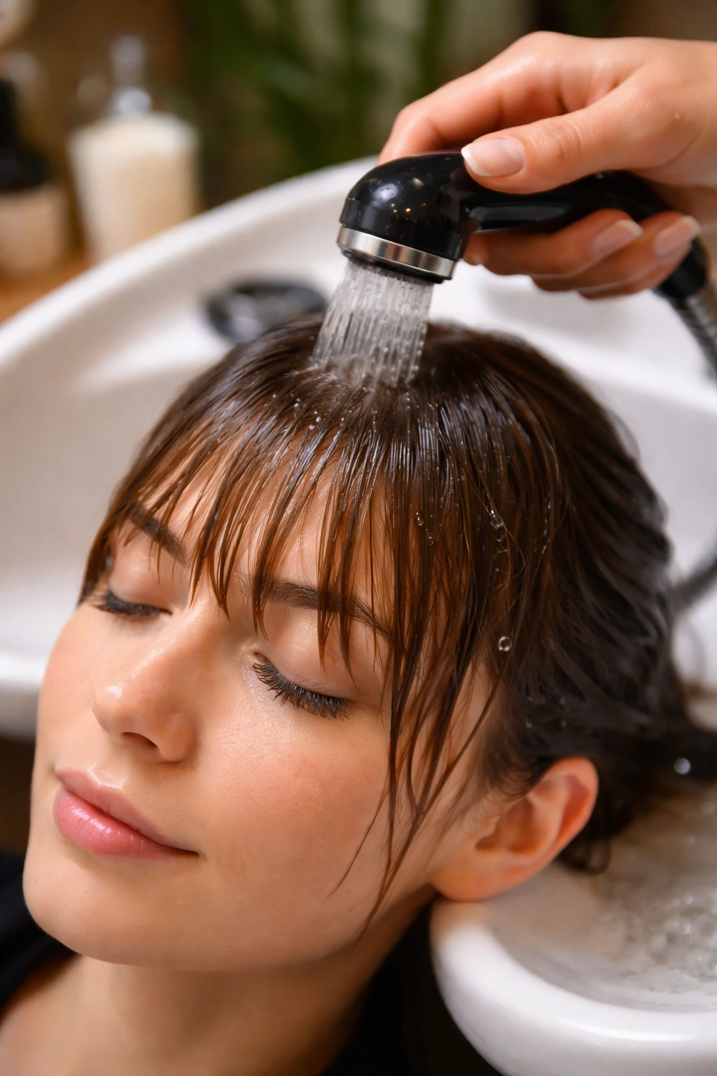 Fringe wash close-up on a real person at a sink