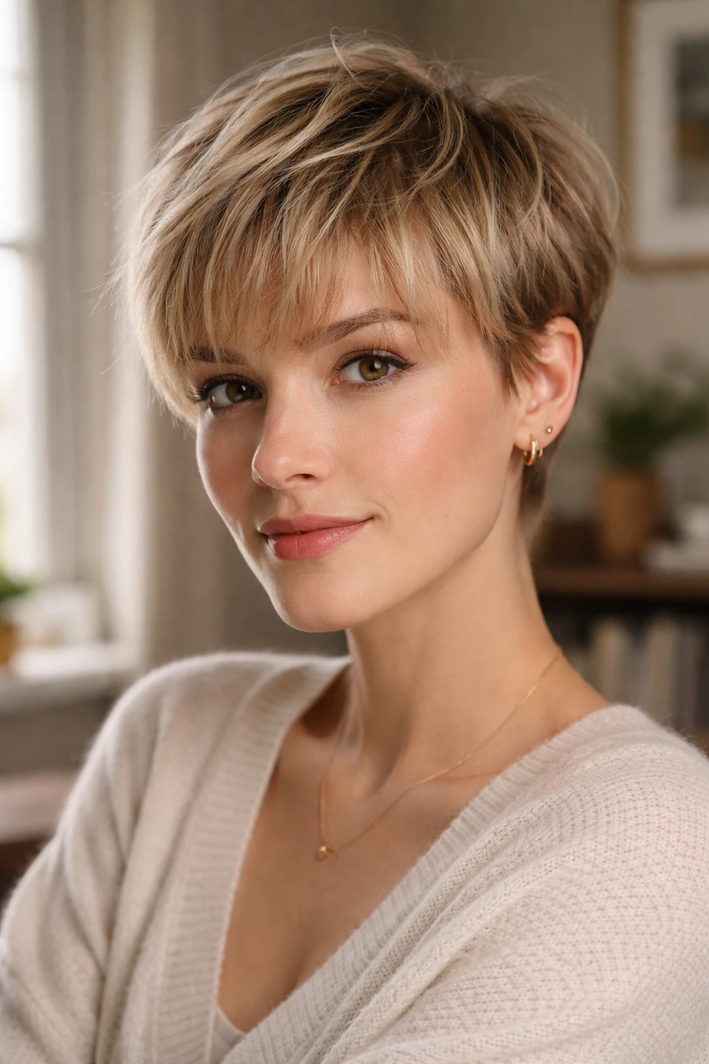 Close-up portrait of a real woman with fringed pixie cut