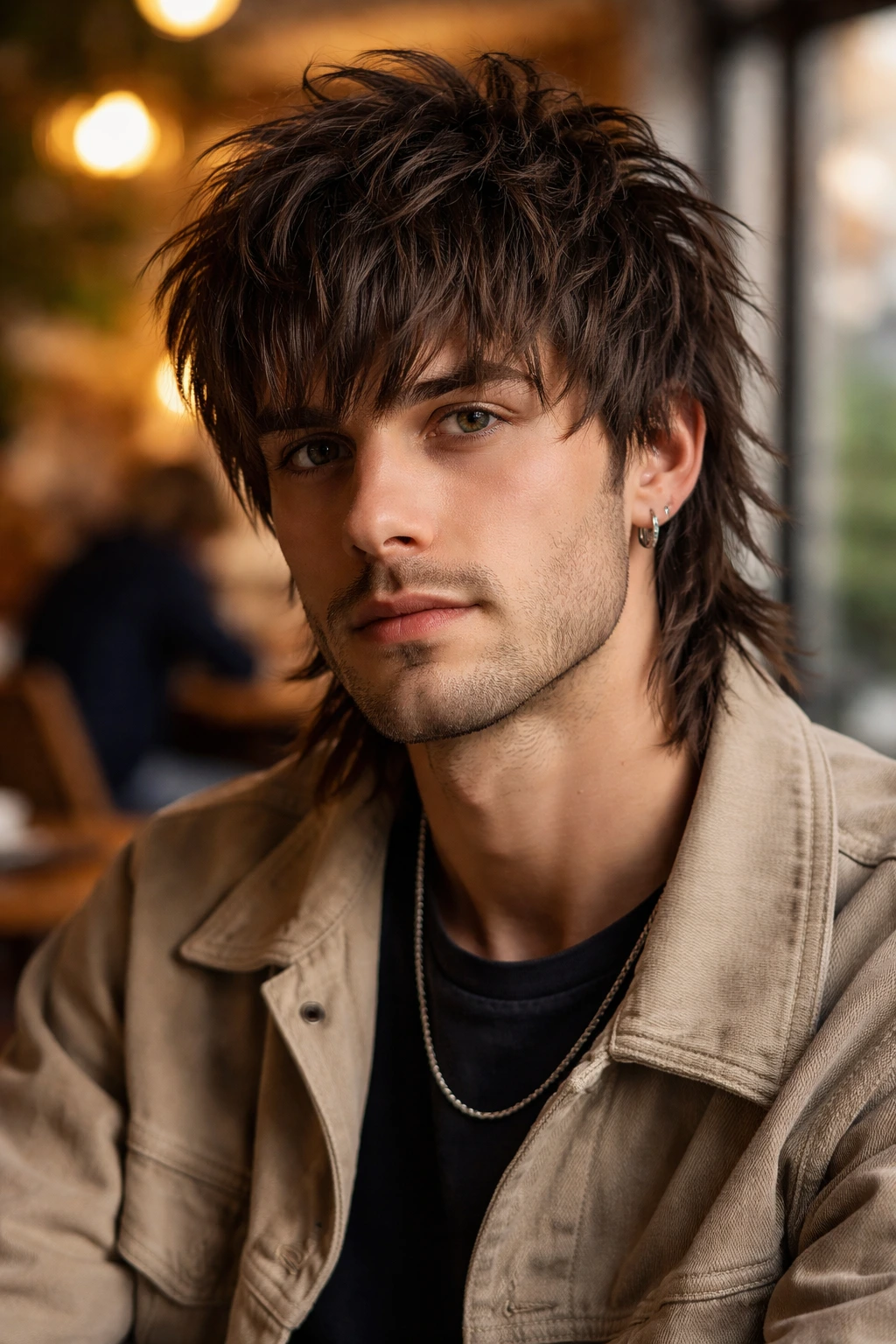 Close-up of person with fringed wolf cut above eyebrows in a warm cafe light
