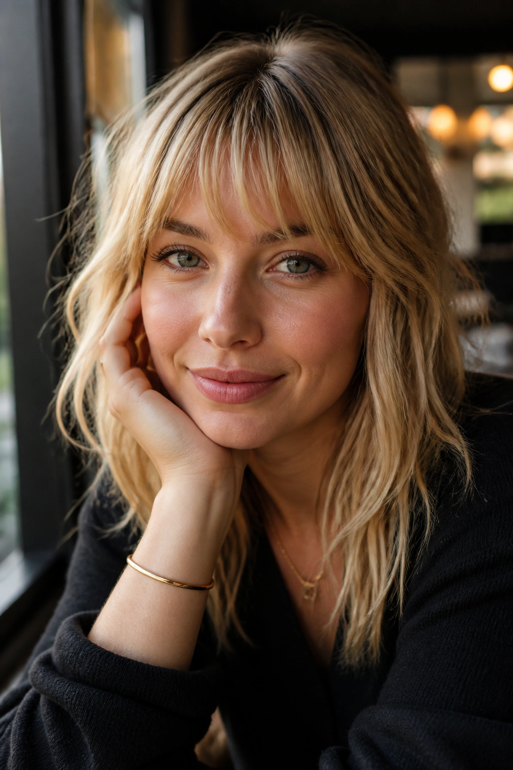 Close-up of a woman wearing soft golden French bangs with a lived-in fringe.