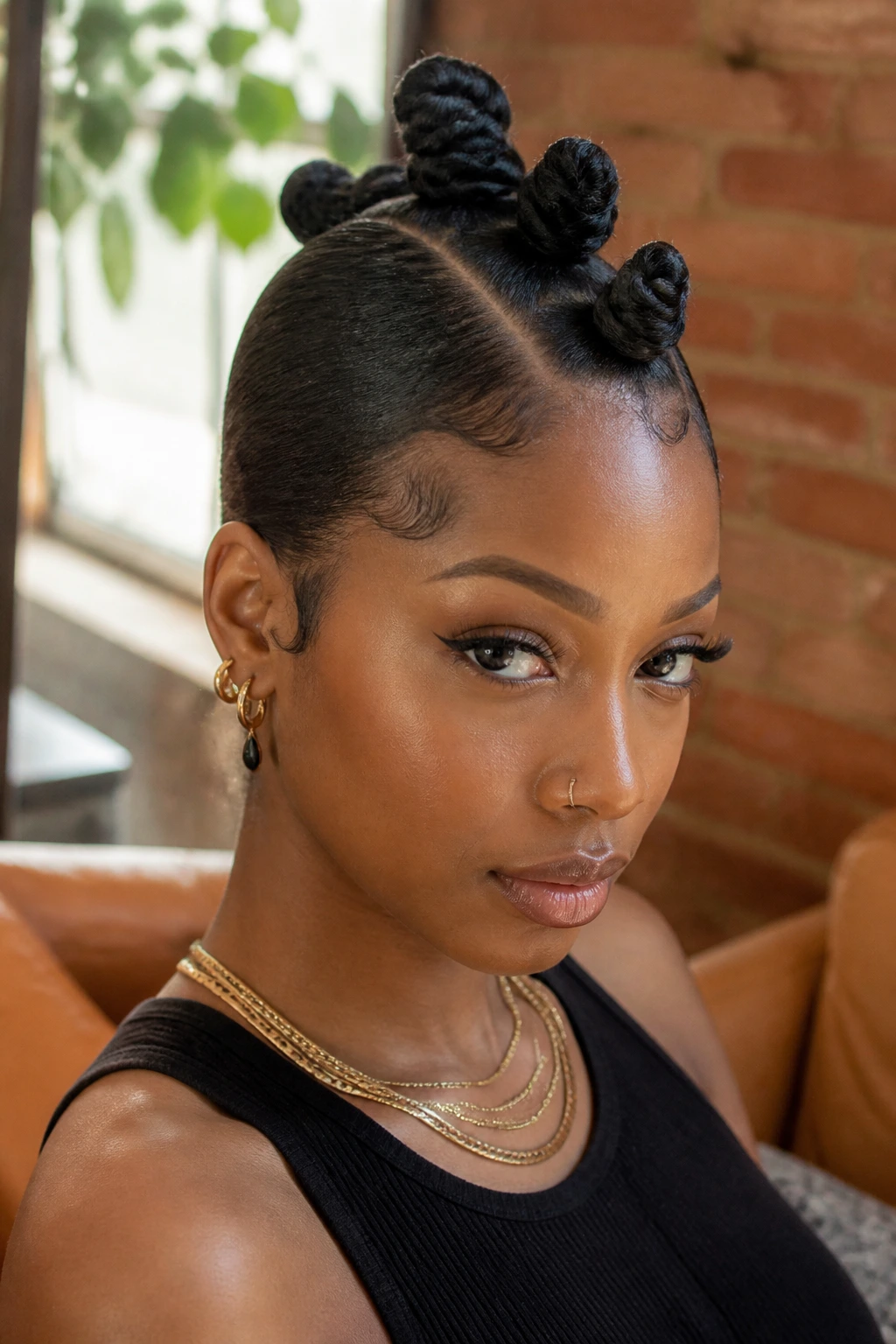 Close-up portrait of a person with frohawk and bantu knots center mohawk