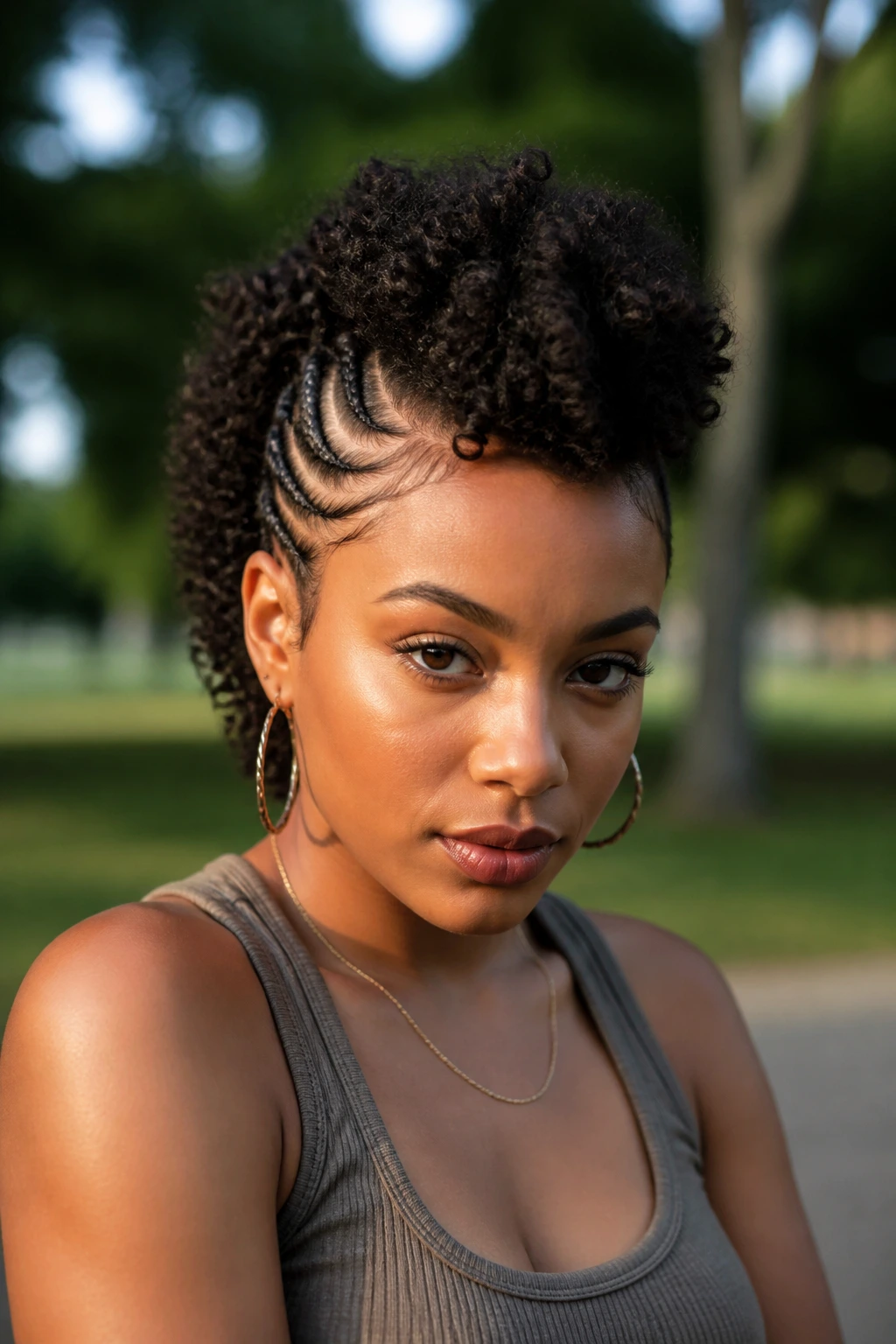 Medium close-up of a real person with a curly frohawk and braided sides in natural daylight.