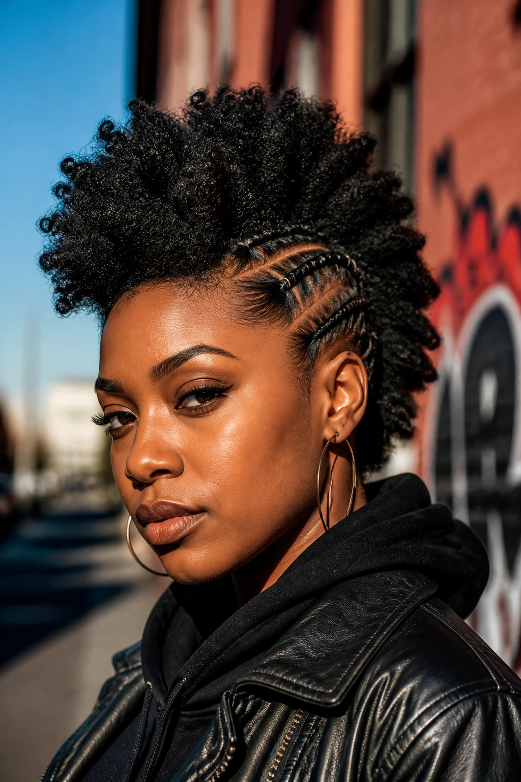 Portrait of a real person with a frohawk and flat-twisted sides