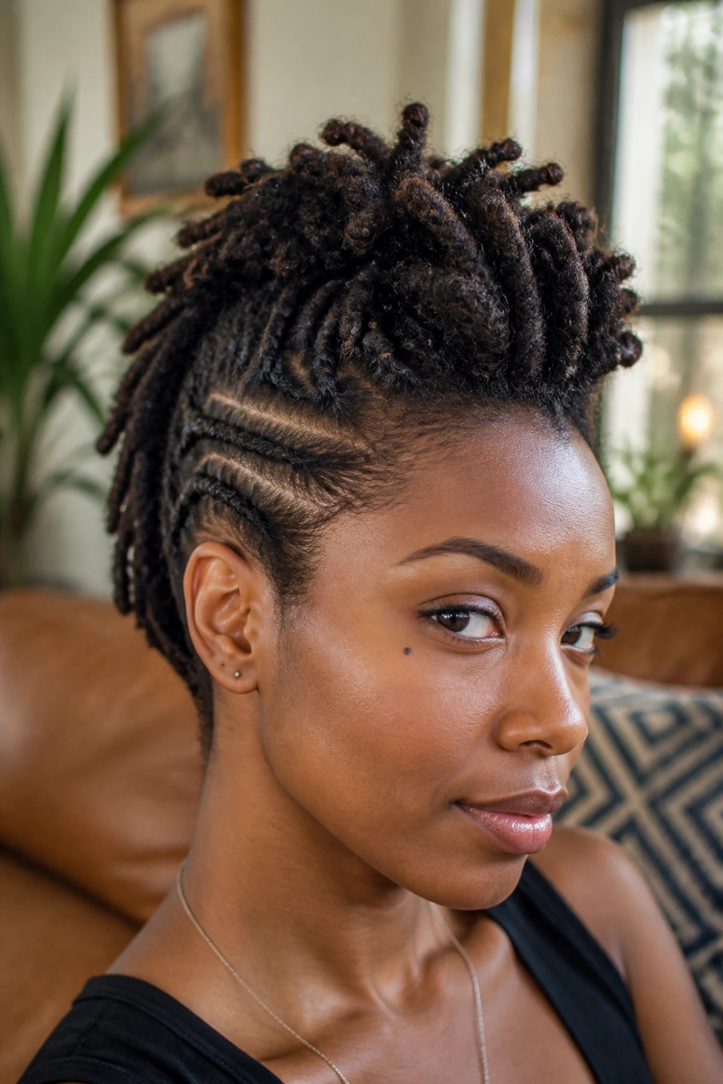 Close-up portrait of a real person with a locs frohawk centered on the crown