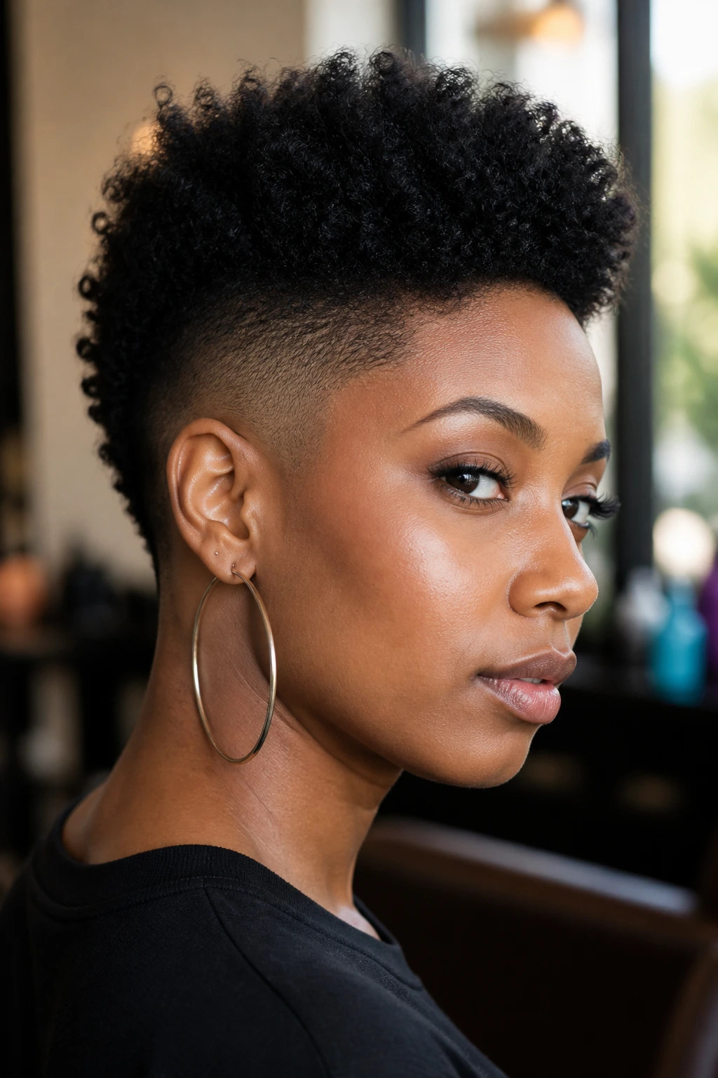 Close-up portrait of a Black woman with a tapered fade and voluminous mohawk crown, natural salon lighting