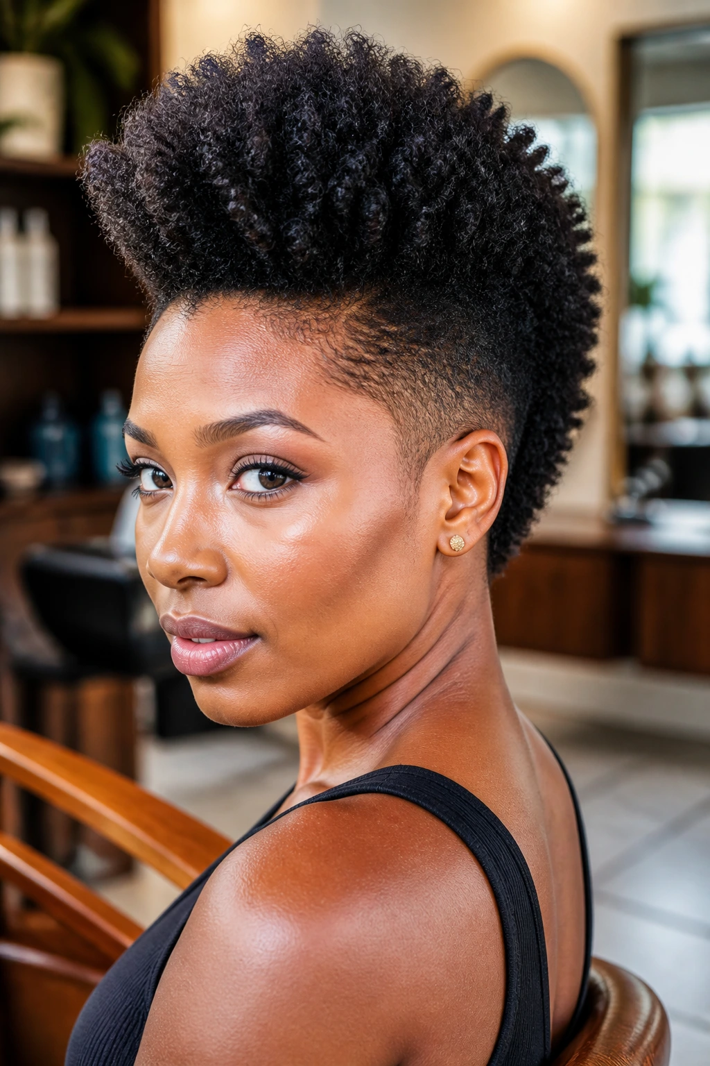 Close-up portrait of a real Black woman with a tall frohawk and tapered sides in a warm salon.