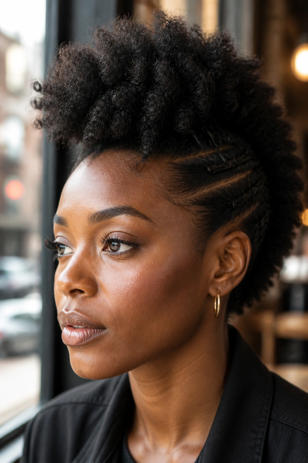 Close-up portrait of a real person with a frohawk and pinned sides.