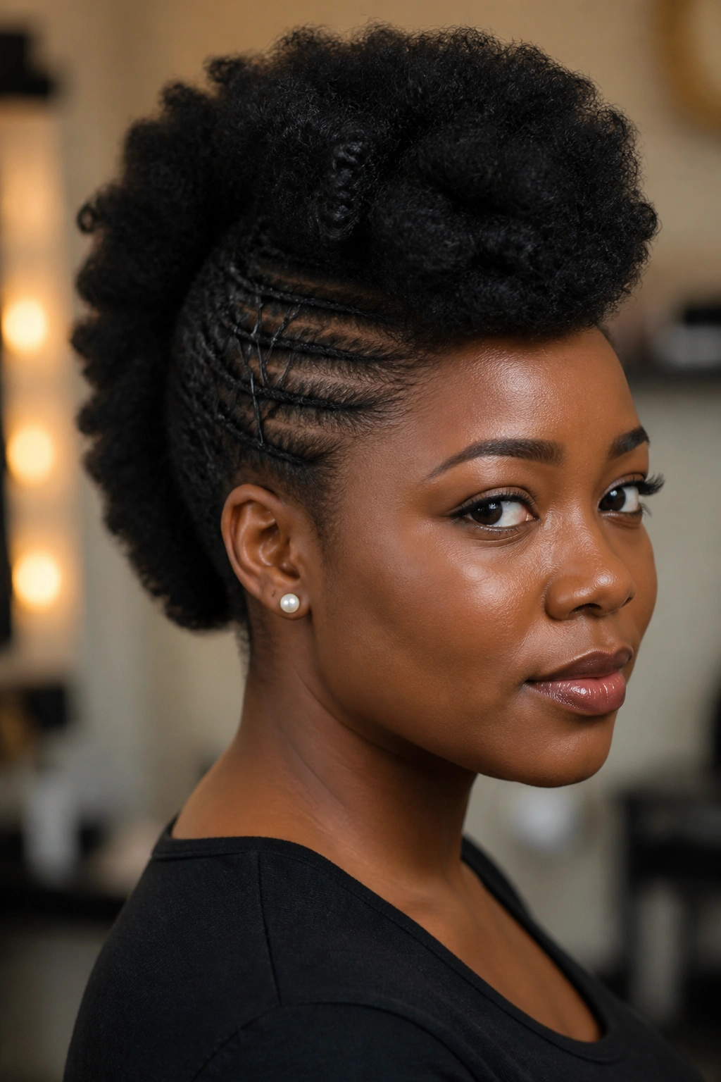 Close-up of a real woman with a frohawk and pinned sides.