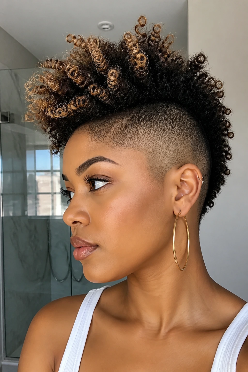 Close-up portrait of a real woman with a shaved side and highlighted tips in a tall frohawk