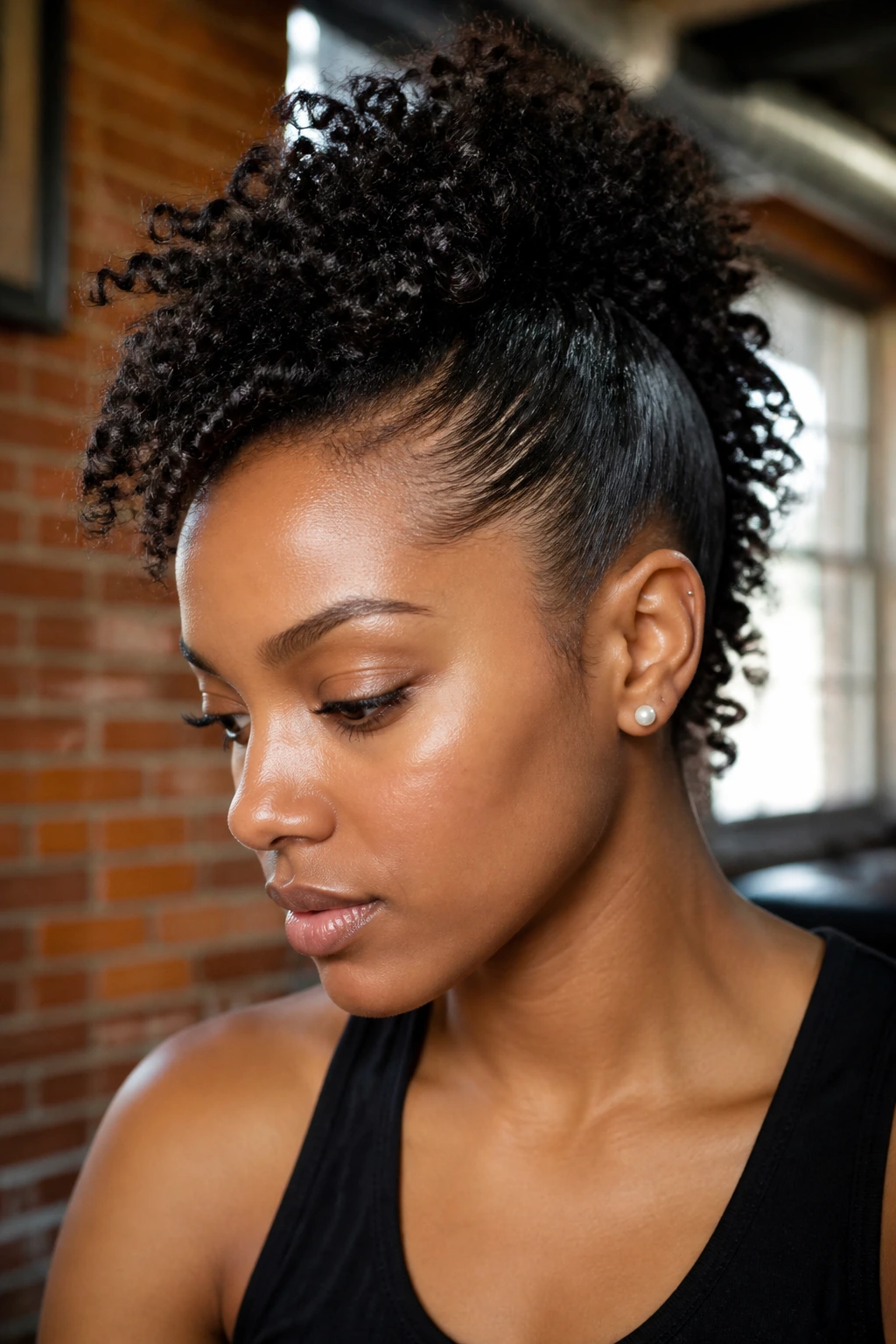 Close-up of a real person with frohawk hairstyle showing sleek sides and central curls