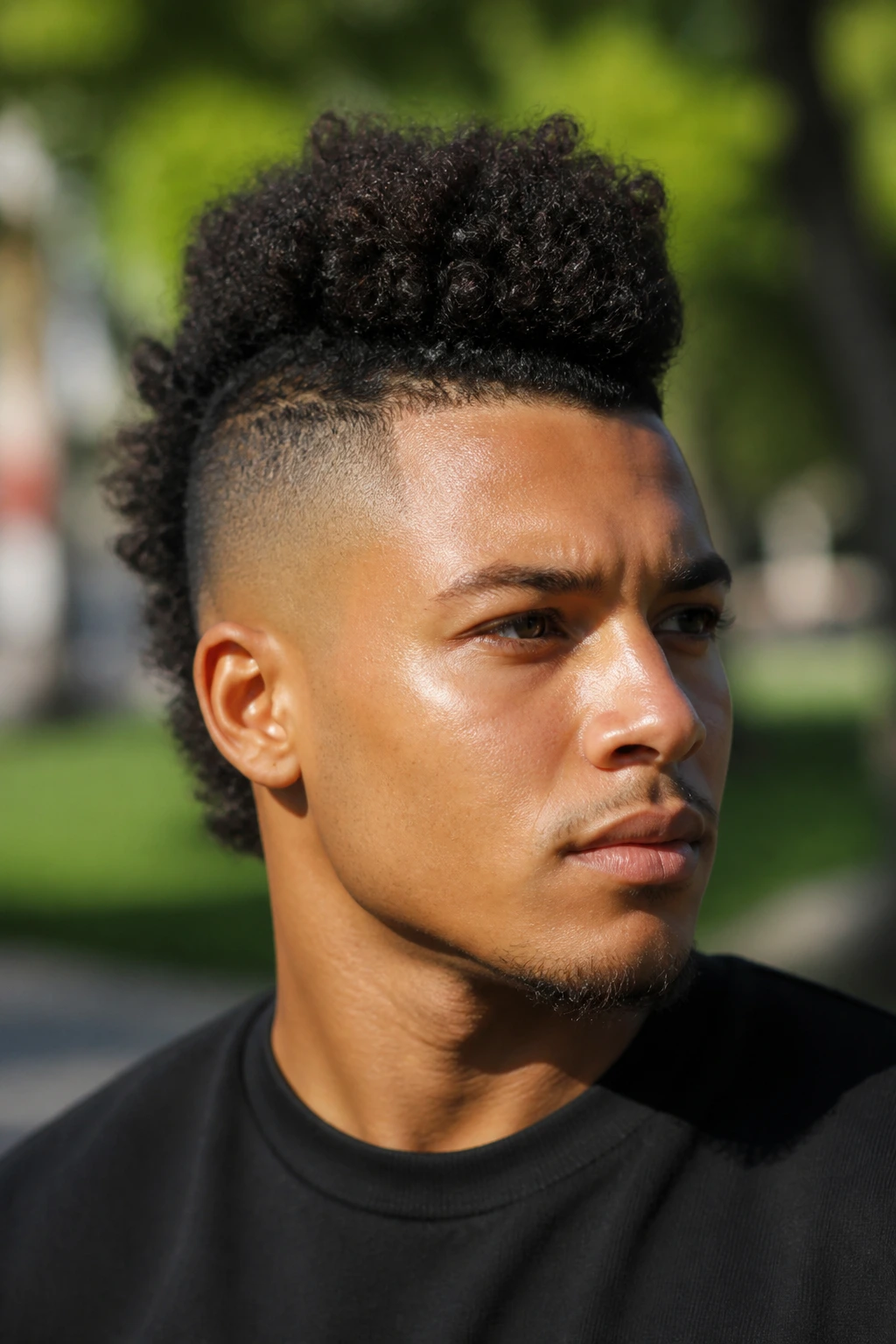 Portrait of a person with frohawk and tight taper in a park.