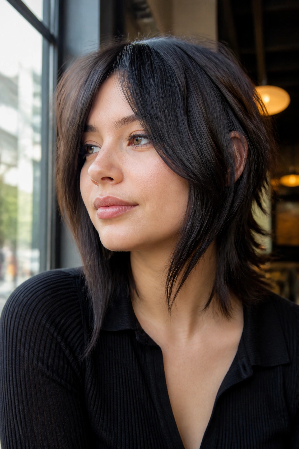 Close-up portrait of a real person with long front-heavy wolf cut and subtle mullet back in cafe window light