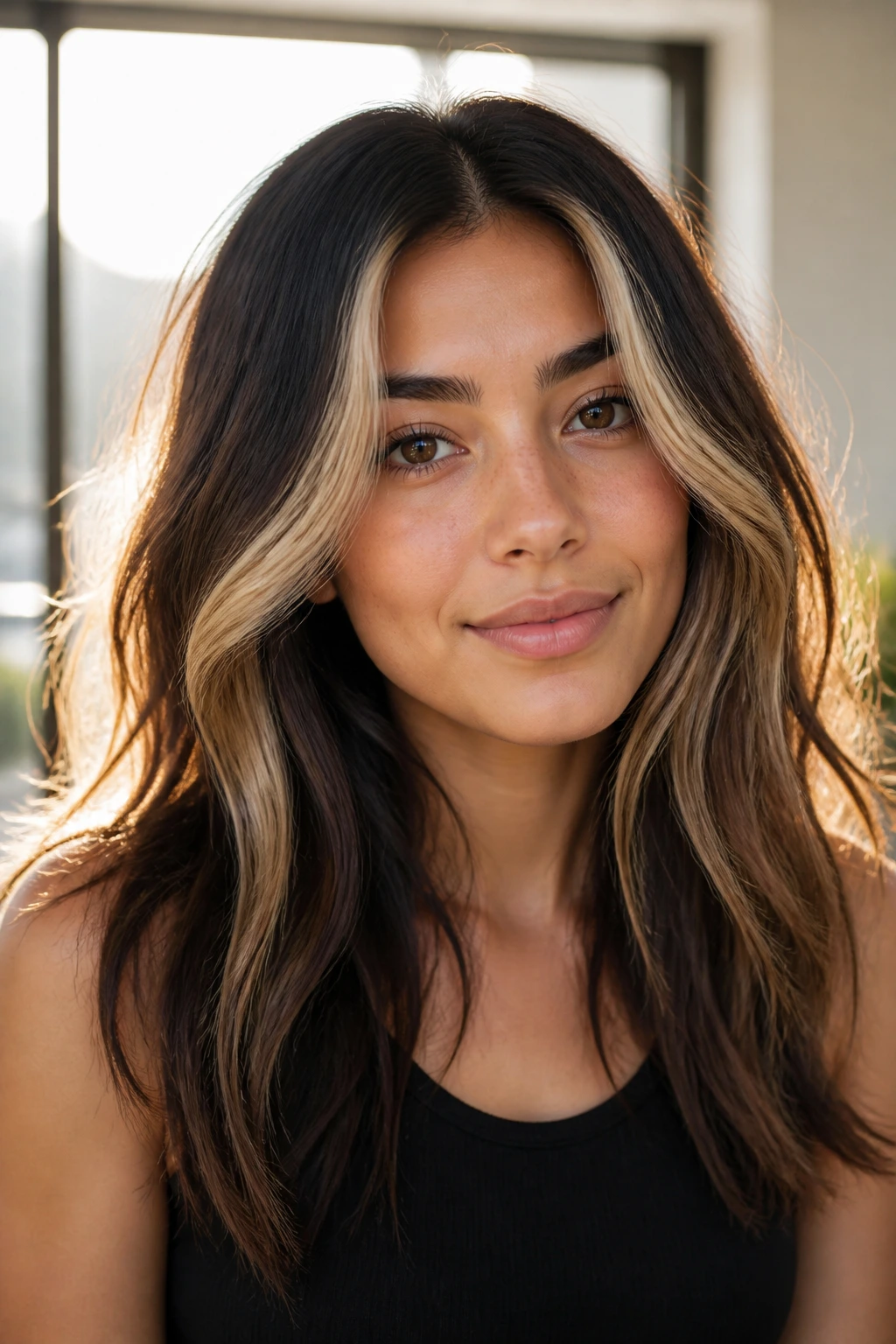 Close-up of bold front money piece on brown hair with backlight