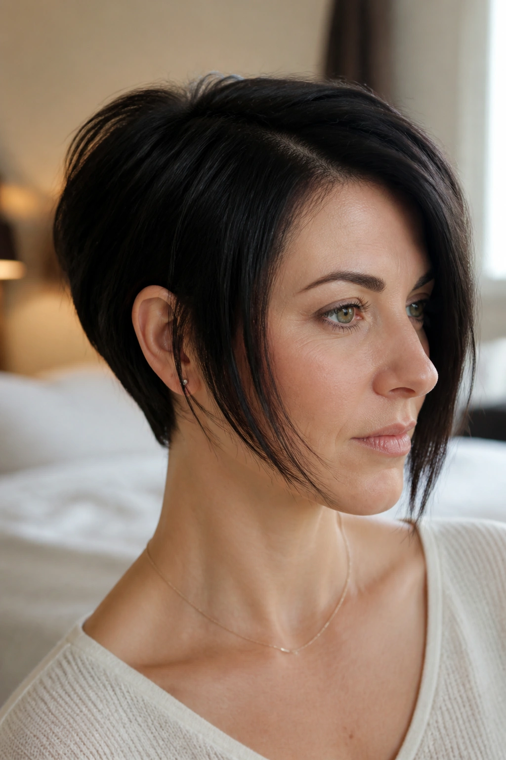 Close-up of a real person with a front-weighted inverted pixie