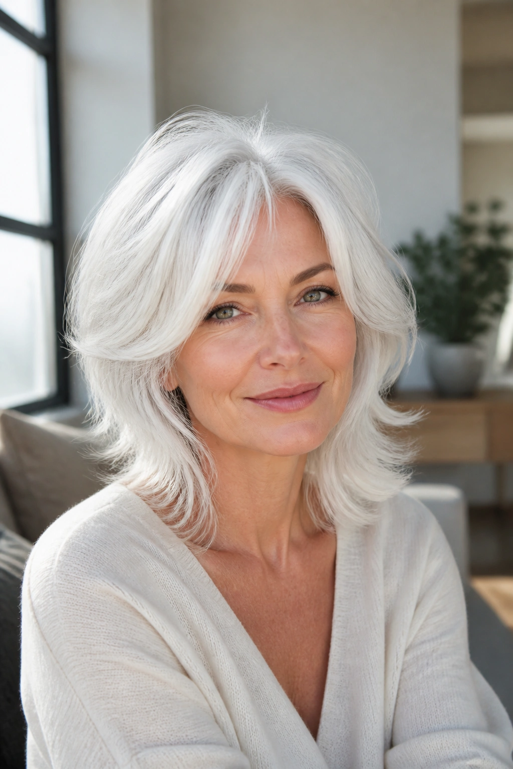 Medium close-up of frost-glass white hair with airy layers on real person