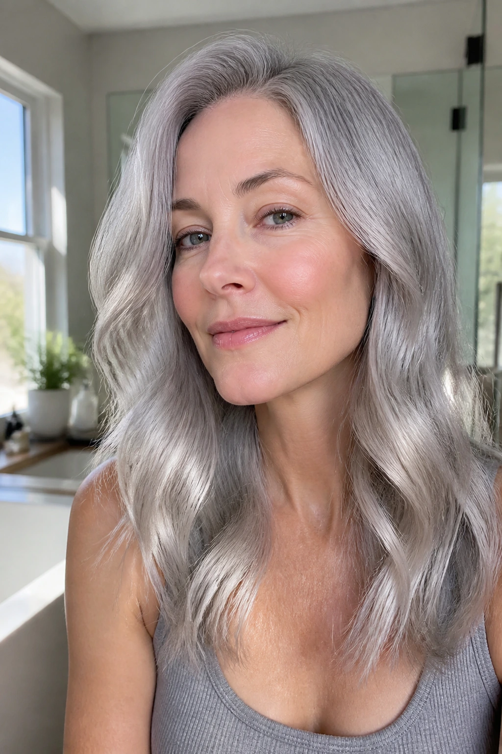 Real person with frosty gray hair and glossy finish