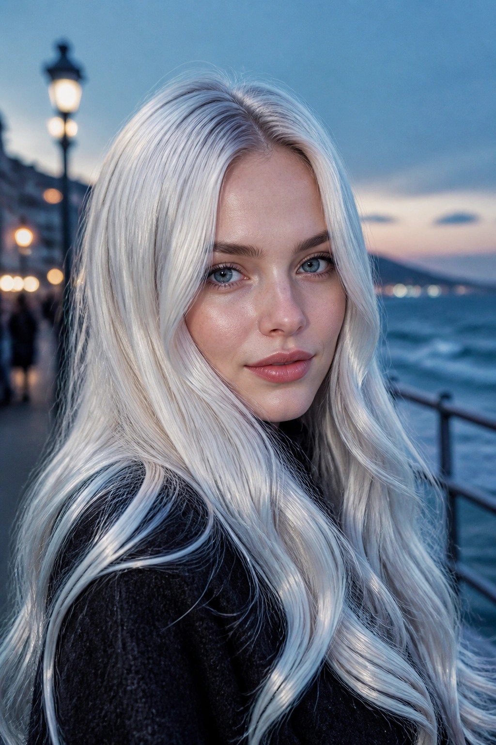 Real person with frost-white long glossy hair by a seaside at blue hour