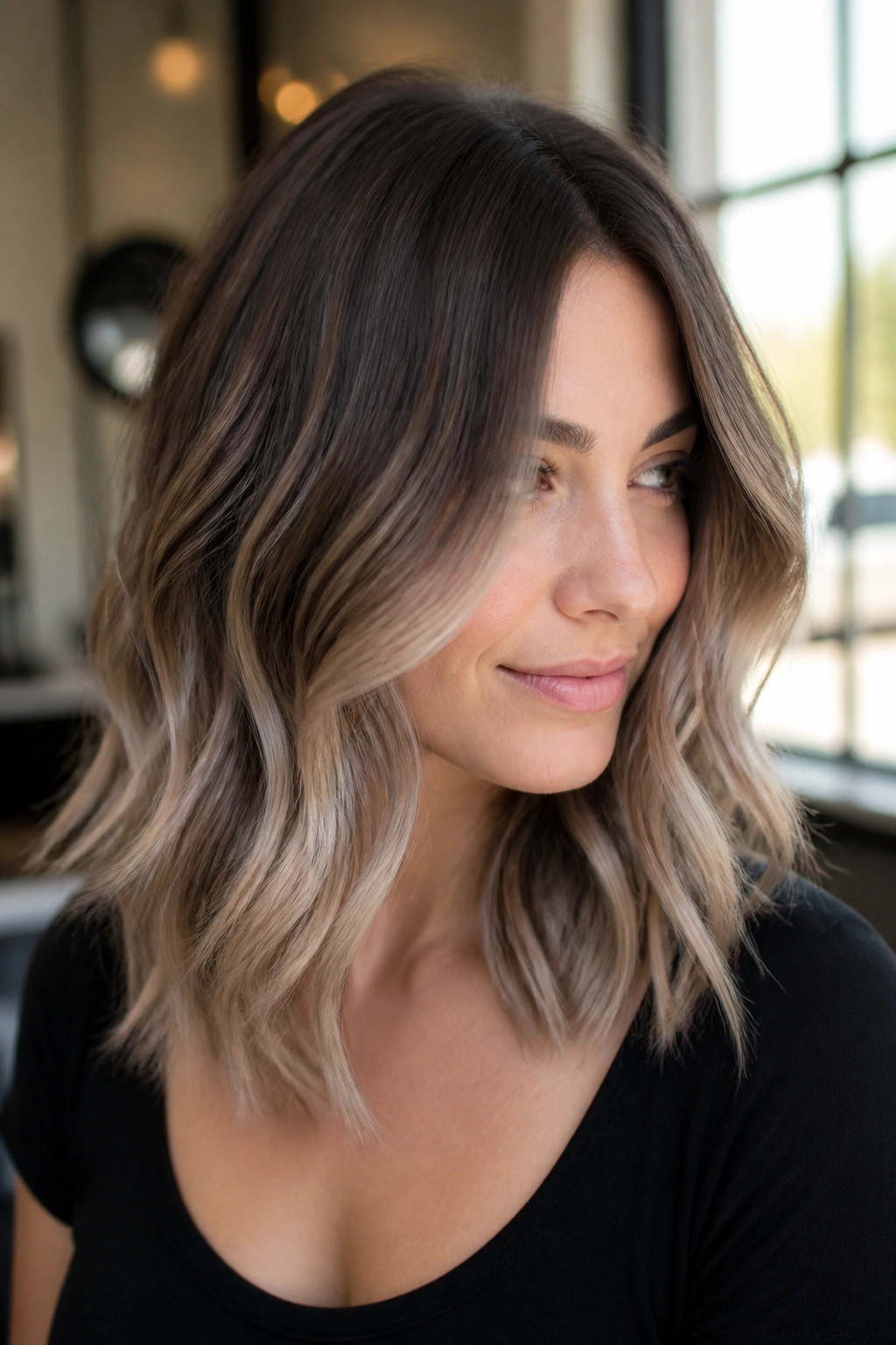 Close-up portrait of brunette with frosted almond balayage and cool-toned ends