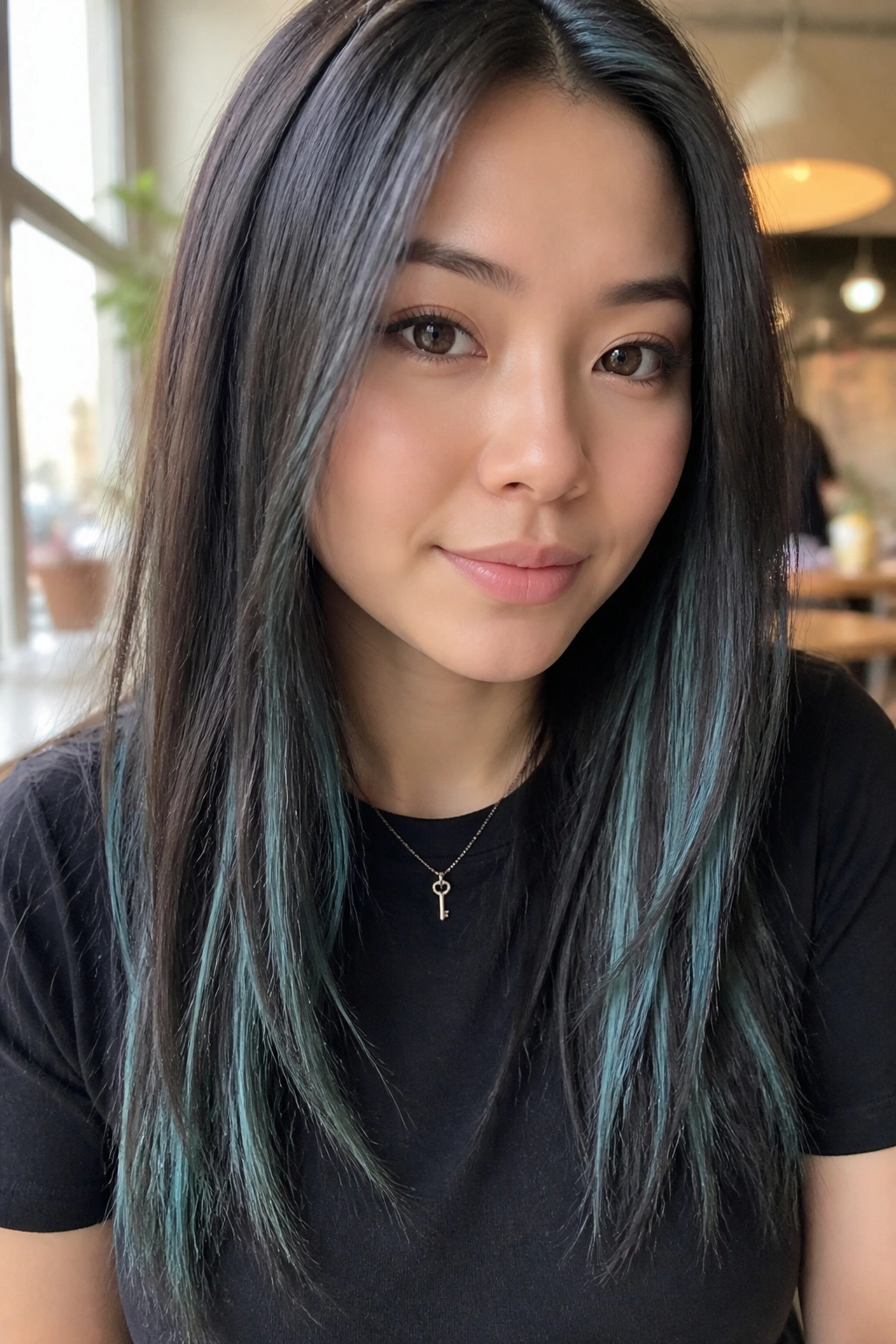 Close-up of a person with frosted aqua highlights on straight hair