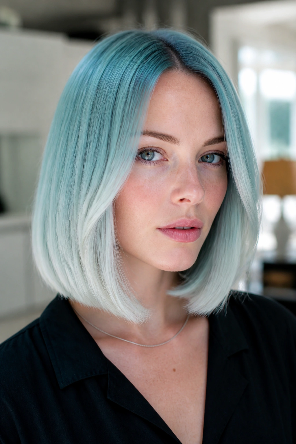 Close-up portrait of a real person with frosted aquamarine lob and silvery edge on cool skin