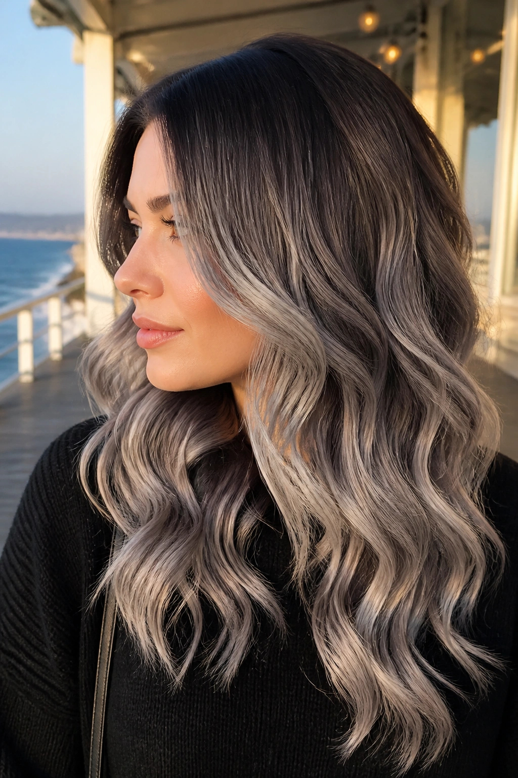 Portrait of a real person with frosted ash ombré waves from root to ends