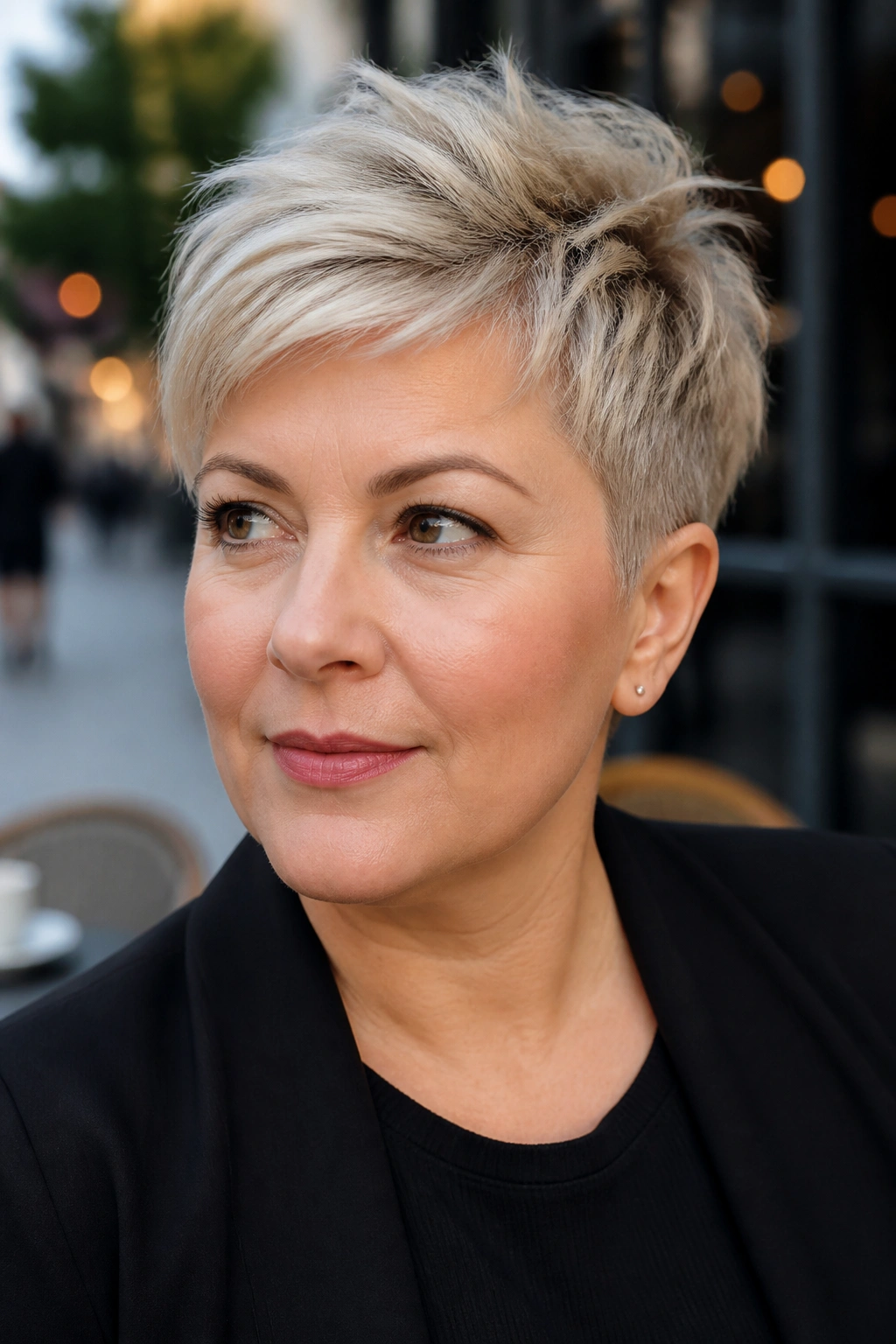 Close-up of a real woman with frosted ash blonde pixie and tapered sides