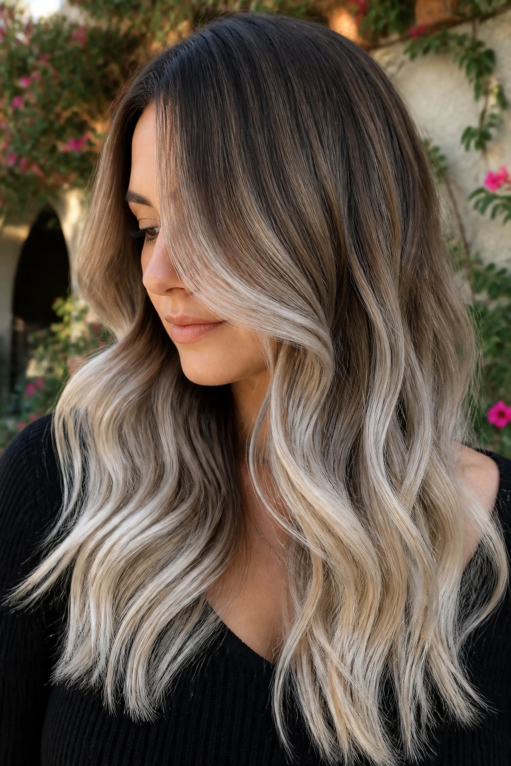 Close-up of a real woman with frosted ash waves and bright ends