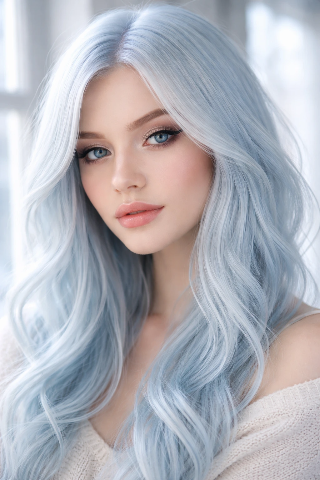 Close-up of a real person with pale pastel blue hair and silver glaze.