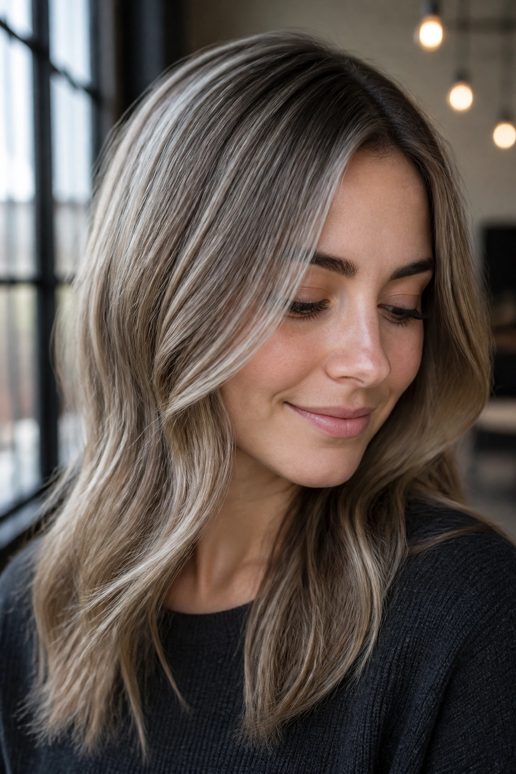 Close-up of a real person showing cool brown hair with frosted babylights.
